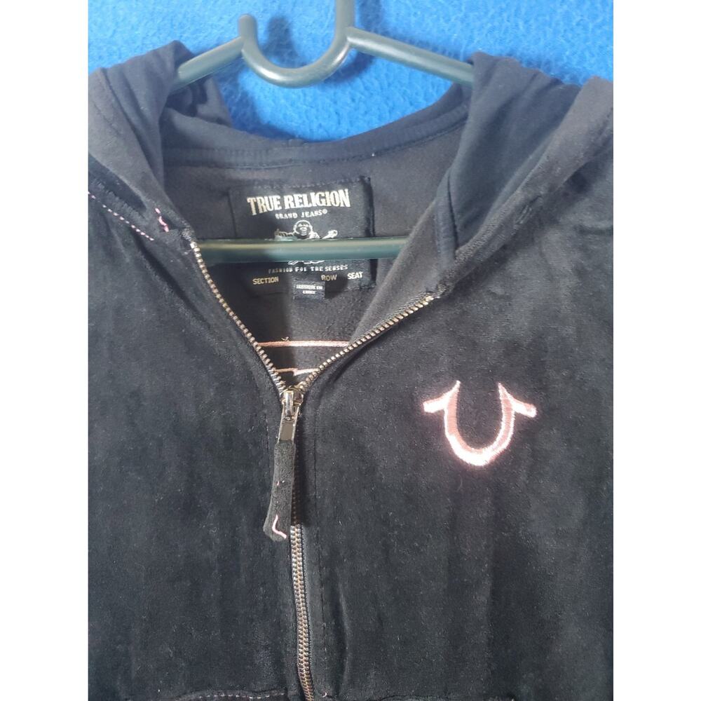 True Religion Womens Velour Zip Up Hoodie Black Pink Crystal Buddha Shrunken XS - Picture 2 of 16